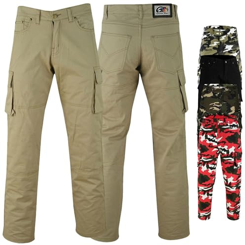 German Wear Motorradhose Herrren - Motorradjeans mit 2 CE-Protektoren - Bikerjeans Futter aus Aramid-Kevlar-Stoff verstärkt - Cargohose rutsch- & brandfeste Jeanshose mit 6 Taschen Khaki - 36W / 34L