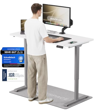 DESKSPACE PRO Elektrisch höhenverstellbarer Schreibtisch (140x70 cm) | Bürotisch mit Kollisionsschutz, Memory-Funktion, USB-Anschluss, 10 Jahre Garantie (Gestell grau, Tischplatte weiß)