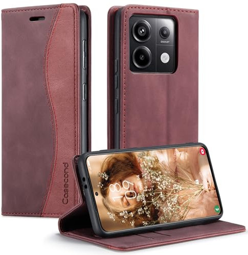 Casecond Coque pour Xiaomi Redmi Note 13 Pro 4G Housse en Cuir avec Magnetique Etui RFID Blocage Protection Pochette Porte Cartes Portefeuille Mince Wallet Case Femmes Hommes - Vin Rouge et Rouge