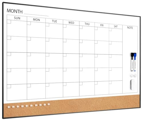 ARCOBIS Whiteboard-Kalender & Korkboard-Kombination, 90 x 60 cm, Magnetisches Whiteboard mit Kalender, Schwarzer Rahmen, Monatsplaner für Büro, Zuhause, Schule