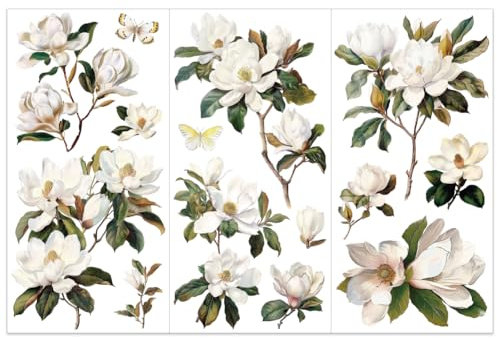 OLYCRAFT 3pcs/Set White Magnolia Rub on Transfers for Crafts and Furniture 30x15cm Flower Decor Transfer Stickers Vintage Floral Transfers for Wood Furniture Scrapbooking Home Decorations