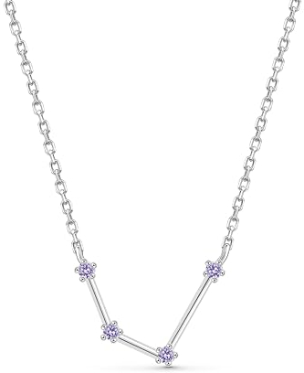 Amberta Women 925 Sterling Silver Constellation Necklace with Cubic Zirconia Birthstone – Silver Zodiac Necklace CZ: Star Sign Aquarius Necklace with Simulated Amethyst Birthstone