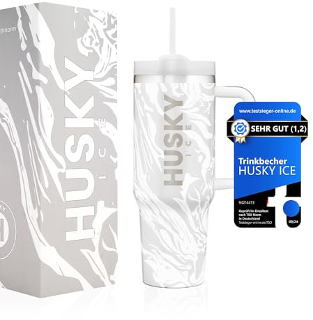HUSKY ICE Thermobecher mit Strohhalm und Griff [24h Eiskalt] 1.2 Liter Cup - Trinkbecher mit Deckel und Strohhalm - Kaffebecher – Isolierbecher & Thermos (Grau bemustert)