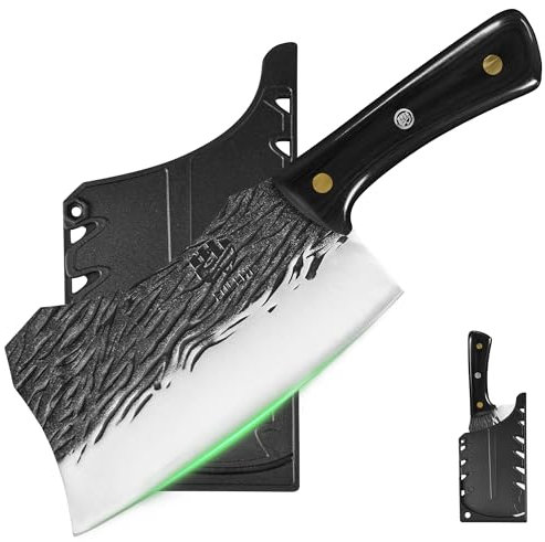 FULLHI Couteau de boucher forgé à la main Couteau de chef à viande lourde avec gaine Coupe de viande en acier à haute teneur en carbone pour la maison, BBQ, Idée de cadeaux (Noir, 19.8cm)