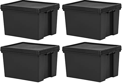 (Set of 4) 45L Litre Black Wham Bam 100% Recycled Plastic Containers Airtight Snap Lid Stackable Heavy Duty Storage Box Organizer For Toys Shoes Garage Home Office Eco-Friendly Bulk Storage Solutions
