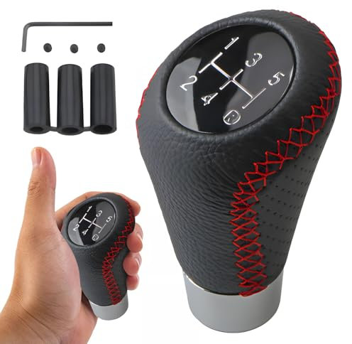 WHENZOO 5 Speed Manual Gear Knob, Universal Car Gear Shift Knob with 3 Adapters 8mm 10mm 12mm, PU Leather Shift Handle, Manual Shifter Stick Shift Lever for Most Manual Automotive Vehicles (Black)