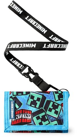 Minecraft Jungen Geldbörse mit Band | Blaue Dreifach Faltbare Geldbörse mit TNT-Block und Creeper-Graffiti-Print für Kinder | Kinder Geld- & Kartenhalter Logo-Band
