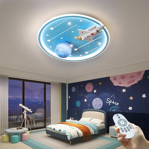 WOQuju LED-Deckenleuchte Dimmbare Deckenlampe Kinderzimmer Lampe Decke Mit Fernbedienung Licht Modern Star Flugzeug Mädchen Jungen Zimmer Kinderlampe Decke, Blau 57W