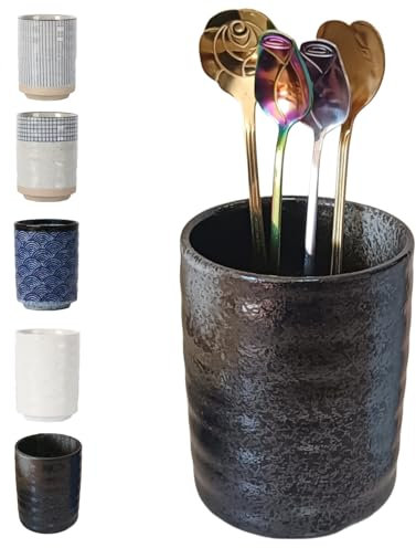 TOPYOKK Stoneware Coffee Bar Utensil Holder Tea & Coffee Spoon & Stirrer Holder for Stir Stick Straw Teaspoon Holder Spoon Cup Small Utensil Jar (Retro Black)