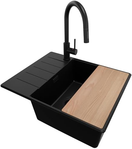 Evier Cuisine en Granit Tout Noir 62x50cm, Lavabo 1 bac + Kit de Vidage + Robinet + Planche à Découper, Évier à Encastrer au meuble 50cm - Top de Primagran