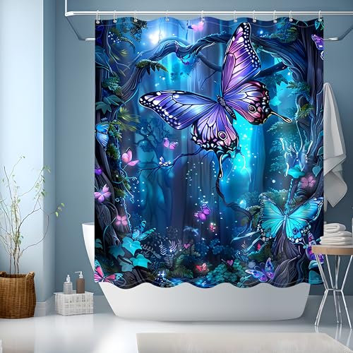 JINGYOU Rideau de Douche Bleu 150x180, Lavable en Machine, Salle de Bain avec Œillets et 12 Anneaux, Modèle Papillon