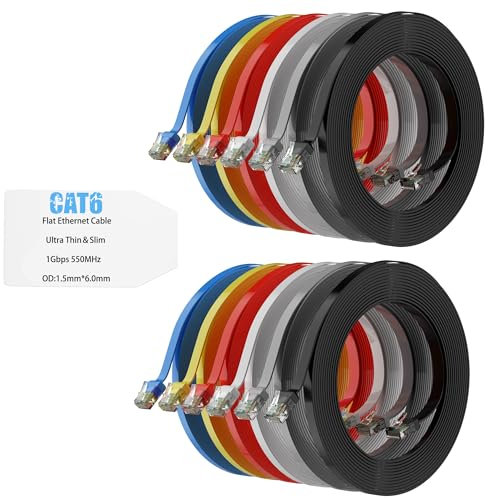 Mygatti CAT6 Flat Ethernet Cable 1.5 Meters/12 Pack,Multicolor,High Speed ​​Internet Network Cable with Compact RJ45 Connector,Slim- Flexible-Short Patch Cord,UTP,for POE camera,Router,Modem etc.