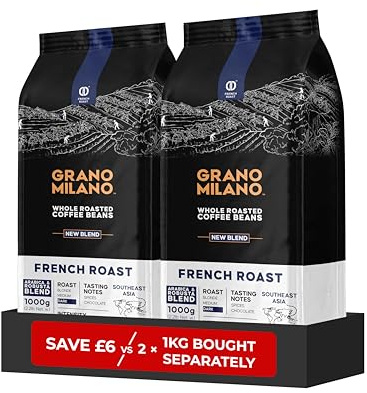 Grano Milano French Roast Coffee Beans 2kg, Extra Strong Dark Roast | Intensity 5/5, Medium-High Bodied, Robusta & Arabica, Southeast Asia & Central Africa Origin, Made in Italy