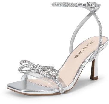 DREAM PAIRS Women's Double Bowknots Heels Open Square Toe Ankle Strap Crystal Rhinestone Dress Sandals for Party Wedding,Size 6.5,Silver-Pu,DWUMHS2530