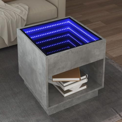 Myheimly Couchtisch, Beistelltisch mit Infinity-LED, Sofatisch Kaffeetisch für Wohnzimmer, Teetisch Wohnzimmertisch, Holzwerkstoff Glas Couchtisch Betongrau,50 x 50 x 50 cm