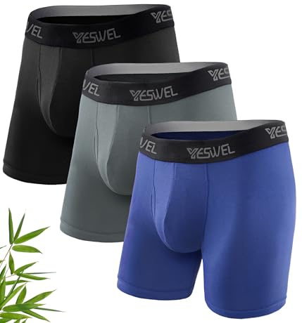 YESWEL Bamboo Boxers Mens XXL, Longer Leg Boxer Shorts with Fly, Anti - Chafing Underwear Trunks Multipack, No Itchy Labels Underpants Pack of 3 Multicolor (Black Navy Grey)