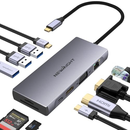 Station d'accueil USB C, adaptateur multiport Newmight 10 en 1 avec 4K @ 30 Hz, Ethernet 1 Gbit/s, VGA, 3 USB 3.0, USB-C 3.0, port de charge PD 100 W, SD/TF pour Dell, HP, MacBook Pro Air, iPhone