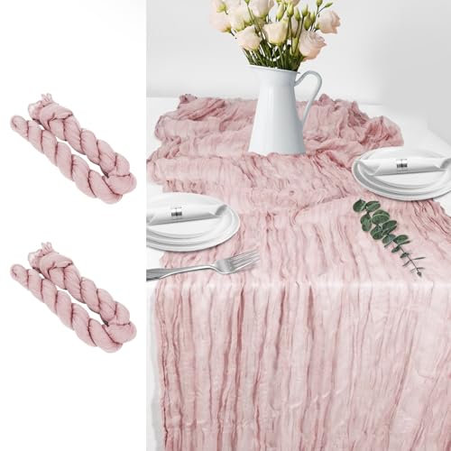 LUKDUNG 2 chemins de Table, Chemin de Table en Tissu éponge, Tissu Boho Gaze, Nappe Rustique pour décoration de Table de Mariage, 90 x 300 cm (Gris Rose, 90 x 300 cm, 2 Stück)