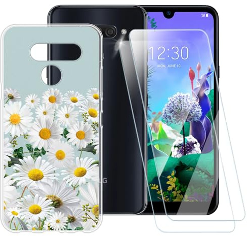 Vidrio Templado y Funda para LG Q60 - Flor 5 | 6.26 Funda suave con estampado y pack de 2 películas protectoras de pantalla, escudo ultra claro