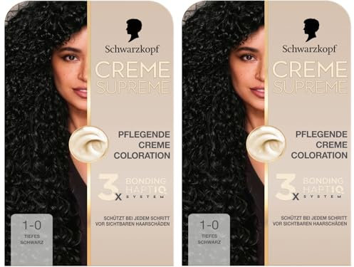 Schwarzkopf Creme Supreme Coloration 1-0 Tiefes Schwarz (2x 182 ml), dauerhafte Haarfarbe mit Serum und Haar-Maske schützt vor sichtbaren Haarschäden, für 100% Grauabdeckung