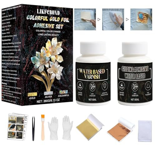 LIKFCBOND Colla per Foglia D'oro, Adesivo per Doratura, 50ml Colla a Base D'acqua Della Foglia del Metallo e 50ml Vernice, Foglie D'oro 10 Pz, 2 Pennelli per Metallo, Artigianato, Pittura e Arti