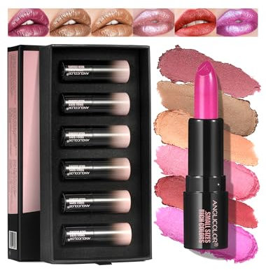 Anglicolor Coffret de 6 Mini Rouge A Levre Pailleté,Métallique Briller Lipstick,Rouge À Levre À Haut Pigment Texture Crémeuse,Rouge À Lèvres Longue Tenue Hydratante-Idéal Cadeau