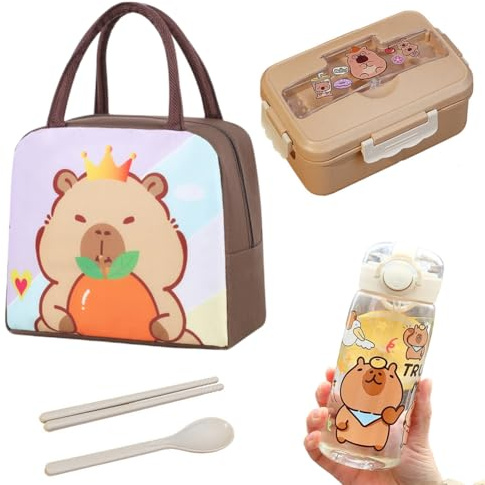 GlibberToy Capybara Lunch Bag with Cartoon Lunch Box Children 900 ml and Capybara Water Cup Straw 400 ml, Lunch Box Breakfast Box, Reusable Lunch Bags for School or Nursery BPA Free