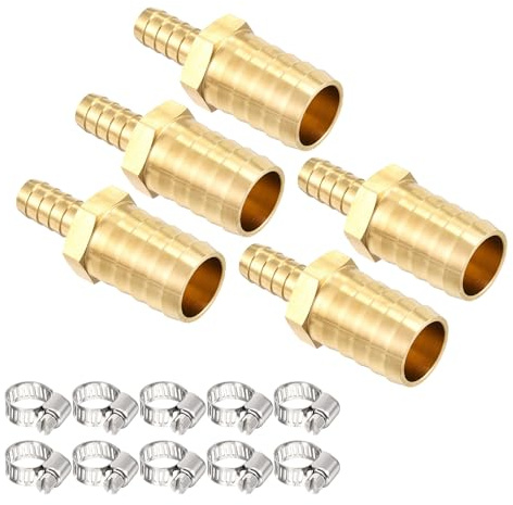 Kozelo 5pcs Brass Hose Barb Fitting 20mm Fittings Barb to 10mm Fittings | with 10pcs Hose Clamp for Home Machines, Massage Bathtubs, and Irrigation Systems