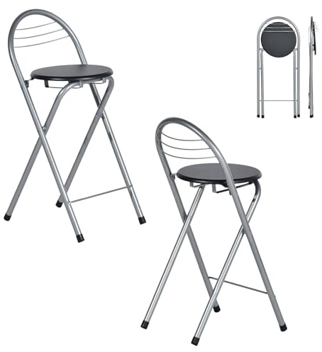 GOKHOMX Klapphocker mit Lehne 2er Set, Tragbarer Klapphocker Faltbarer Hocker Outdoor Barhocker Gartenhocker Klappbar für Garten Balkon Küche Bars, Sitzhöhe 61 cm (Schwarz und Silber)