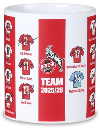 1. FC Köln Tasse 2025/26 mit Unterschriften – Offizieller Fanartikel – Keramik Kaffeebecher – Geschenk für FC Köln Fans – Fußball Merchandise – weiß/rot