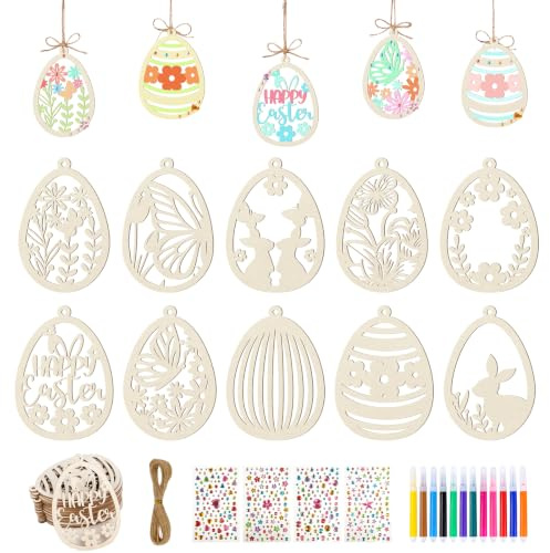 ARTREE Ostern Holzanhänger zum Bemalen – 30-teiliges DIY Bastelset mit Stiften, Stickern & Pompons, Osterdeko & Frühlingsdeko zum Gestalten, Hängedeko für Osterbaum, Fenster & Zuhause