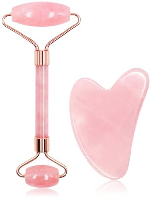 Gua Sha in Quarzo Rosa, Strumento di Massaggio Viso per Donna e Uomo, Massaggiatore per Tutto per Viso, Occhi