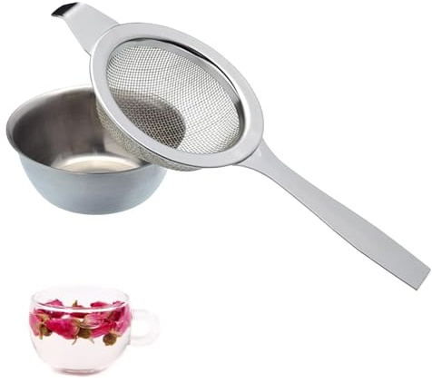 1 Set Tea Strainers for Loose Tea, Long Handle Tea Strainer with Drip Bowl, Reusable Mini Sieve, Loose Leaf Tea Strainer for Sifting Ingredients, Flour, Pastas, Rice, Tea (Silver)