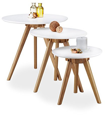 Relaxdays Beistelltisch 3er Set, lackiertes Eichen-Holz, weiße Tischplatte 50, 40 und 32 cm, im nordischen Design, weiß / natur