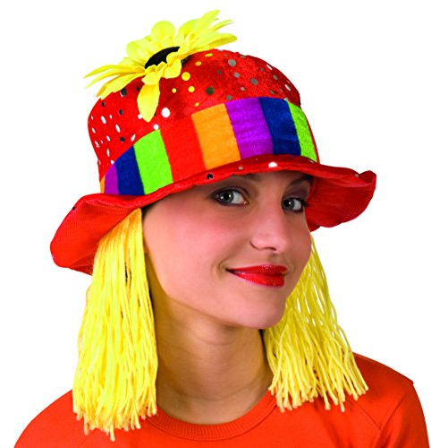 Amakando Bunter Clownshut mit Haaren - 59 cm - Kopfbedeckung Clown Karnevalshut Narr Clownkostüm Zubehör farbenfroher Sommerhut Fasching Clownsmütze mit Sonnenblume