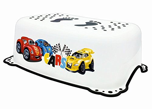 BIECO 11106951 - Kinder Tritthocker weiß, mit Cars MotivFormula Race und Anti Rutsch Funktion, einstufig, Tritthöhe ca. 14 cm, ab 12 Monate bis etwa 10 Jahre