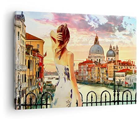 ARTTOR Bilder auf Leinwand 70x50cm Wandbild Architektur Menschen - 3495 | Venedig Brücke Wasser Klein Wanddekoration Wohnzimmer Schlafzimmer Küche Wanddeko Wand Kunstdruck Wandkunst Wall Decor ARTTOR