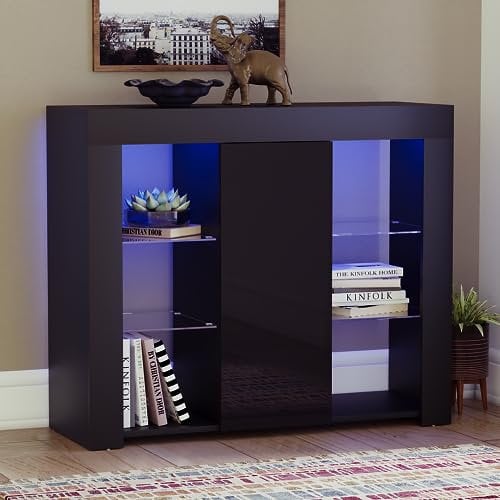 Vida Designs Large Azura 1 Door Modern LED Sideboard in Black, RGB Lights (Fade/Strobe Options Included), High Gloss