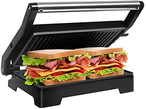Gotoll Parrilla Eléctrica 1000W,Sandwichera,Máquina de Panini,Tostadora con Revestimiento Antiadherente,Placas de Grill,Asa de Toque Frío,Apertura 180º