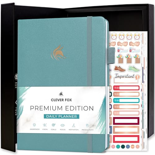 Clever Fox Planer täglich Premium Edition - Undatierter Luxuriöser Tagesplaner mit Stundenplan, Persönlichem Organizer, Produktivitäts- und Zieljournal, A5-Format, 6 Monate Haltbar - Aquamarin