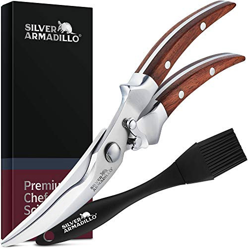 Heavy Duty Poultry Shears | Food Grade Stainless Steel Scissors for Bone, Chicken, Meat, Fish, Seafood, Vegetables | Anti-Rust Ergonomic Spring Loaded Food Shear | Built-in Lock |(Brown Wood Handles)