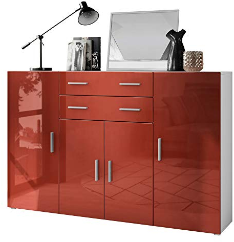 Vladon Highboard Aron Anrichte mit 2 Schubladen und 4 Türen mit insgesamt 8 Fächer dahinter, Weiß matt/Bordeaux Hochglanz (166,5 x 106,5 x 35 cm)