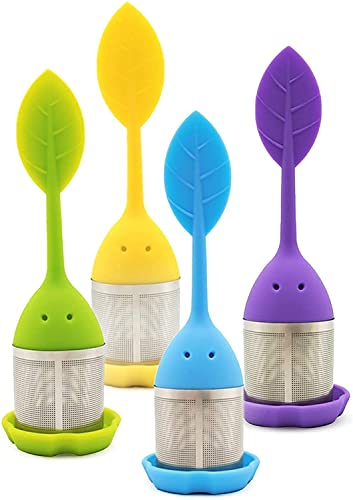 Teesieb silikon, teekugel teesieb teeei teefilter Tea Infuser Set 4 Stück modernes Blatt Design aus hochwertigem Silikon 100% BPA frei und rostfreiem Edelstahl (4er Set Blätter)