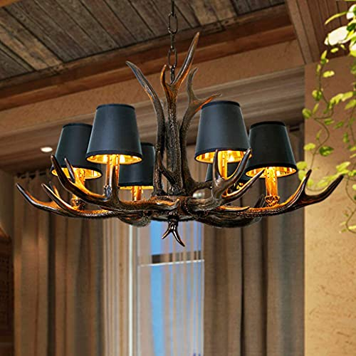 Hängeleuchte Geweih Kronleuchter Vintage Harz Holz Pendelleuchten Wohnzimmerlampe Retro Ländliche Hängelampe Antik E14 Schwarz Lampenschirm Höhenverstellbar Loft Deckenleuchte 6-Flamme Leuchter