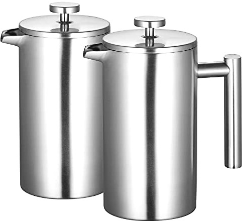 Rosenstein & Söhne Frenchpress-Kannen: 2er-Set Thermo-Kaffeebereiter, French-Press, Edelstahl, 1 Liter (French Kaffeemaschine, Kaffeebereiter mit Vakuumbehälter, Tasse)