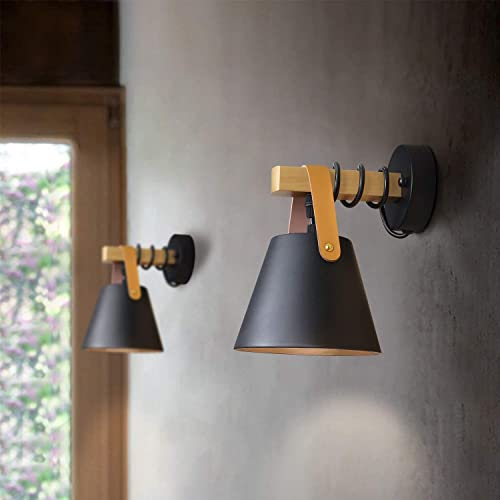GBLY Vintage Wandleuchte Retro E27 Wandlampe in Schwarz Industrial innen Wandbeleuchtung aus Holz Leder Kunststoff für Wohnzimmer Schlafzimmer Küche Esszimmer Flur Treppenhaus Cafes (ohne Birne)