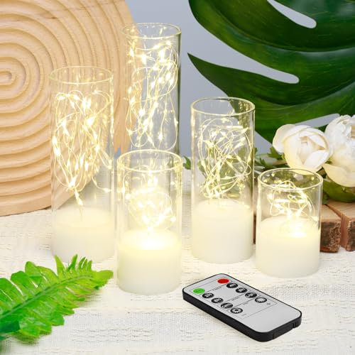 Eywamage Slim Clear Glass Flameless Candles with Remote LED Lights, Flickering Electric Battery Operated Decorative Candles D 2 H 3 4 5 6 7