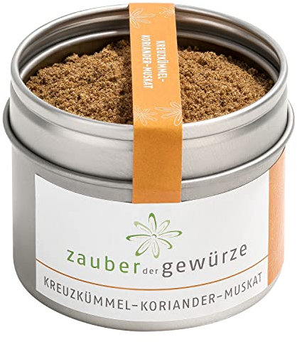 Zauber der Gewürze Kreuzkümmel-Koriander-Muskat Gewürzmischung, ayurvedische Gewürzmischung gemahlen, 100% naturrein, ohne Zusätze, Spitzenqualität in wiederverschließbarer Aroma-Dose, 45 g