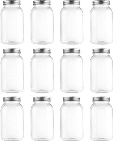 novelinks 32 OZ Clear Plastic Mason Jars with Lids - Dishwasher Safe Plastic Mason Jars 32 OZ Plastic Jars with Lids for Kitchen & Household Storage (12 Pack) (Silver)