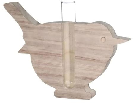 NaDeco Holz-Vogel mit Kleiner Glasvase 18 x 2,8 x 13,5 cm | Deko Vase | Dekovase mit Holzständer | Holz-Vase | Holz-Haus Vase | Tischdeko | Frühlingsdeko